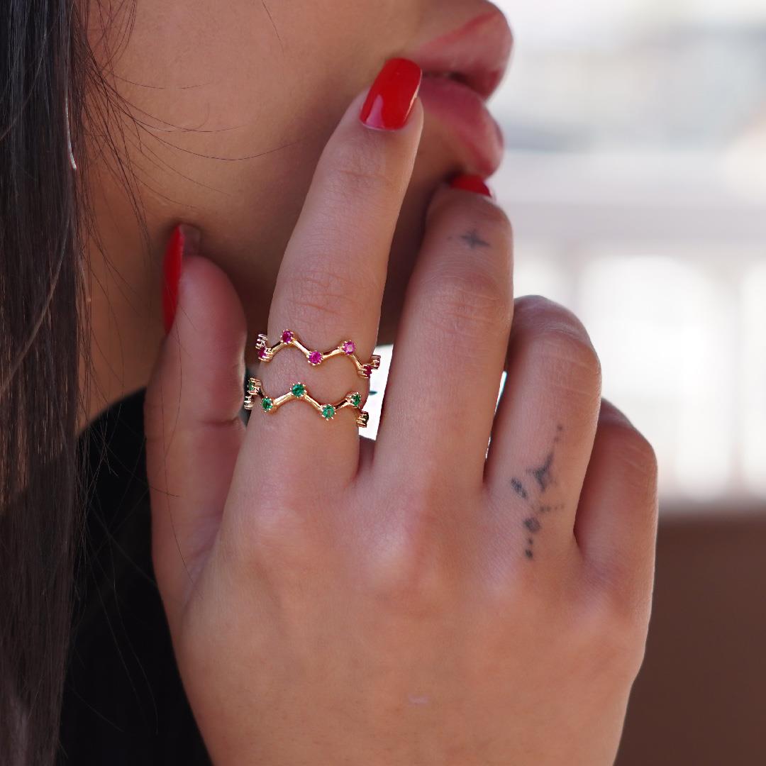 Renkli Taşlı Zik Zak Yüzük