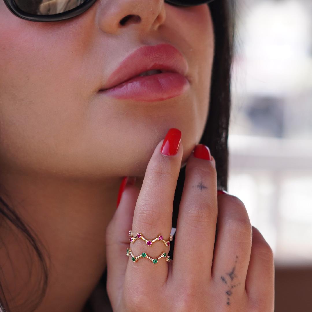 Renkli Taşlı Zik Zak Yüzük