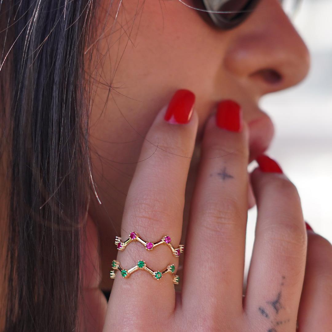 Renkli Taşlı Zik Zak Yüzük